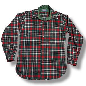 Vintage 60s Pendleton Red Green Plaid Wool Flannel Button Down Shirt Tartan Sz M